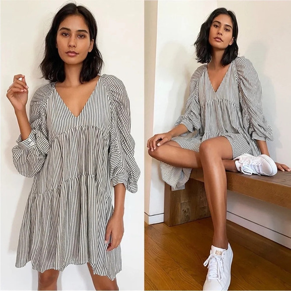 NWOT FRAME Shirred Empire Babydoll Dress Blanc Striped Black and White Large - Picture 1 of 12